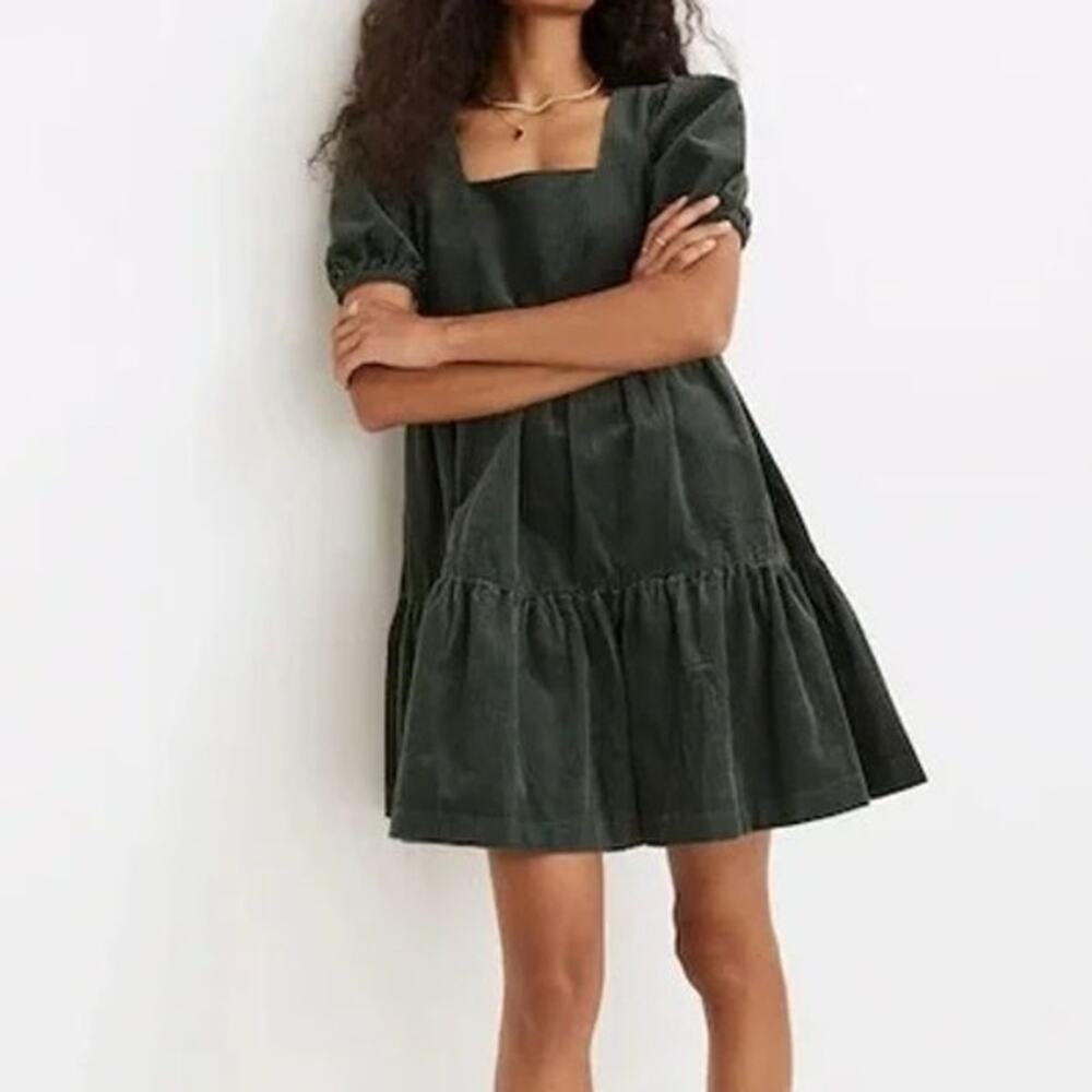 Madewell Corduroy Aidy‎ Square-Neck puff Sleeve Tiered Mini Dress Hunter Green 4